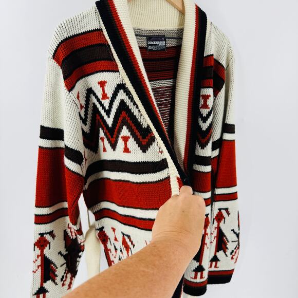 Dimensions Cardigan Sweater Large Belted Aztec Southwestern Knit Boho Wrap - Picture 5 of 6